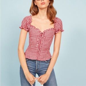 Reformation Cassidy Top Ruffled Corset Lace-up 100% linen Checkered size 8